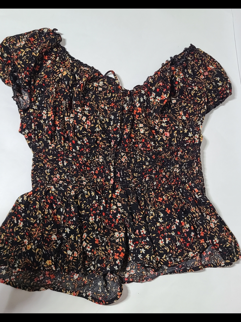3for15 - Old Navy Black Floral Smocked Peplum Blouse